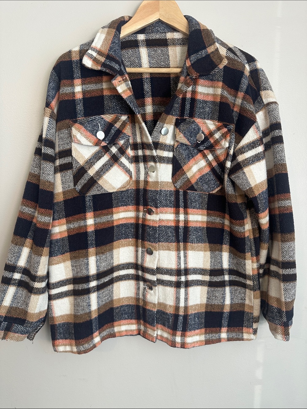 Boutique Navy, Rust, and Cream Autumn Shacket With Silver Buttons, Large